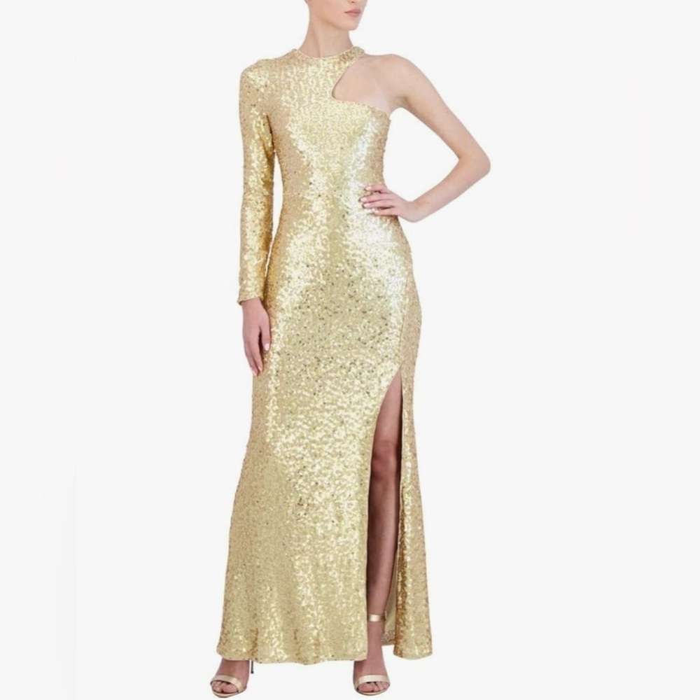 BCBGMAXAZRIA Women's Fit and Flare Floor Length Sequin Evening Gown Gold Sz.L - Picture 3 of 16